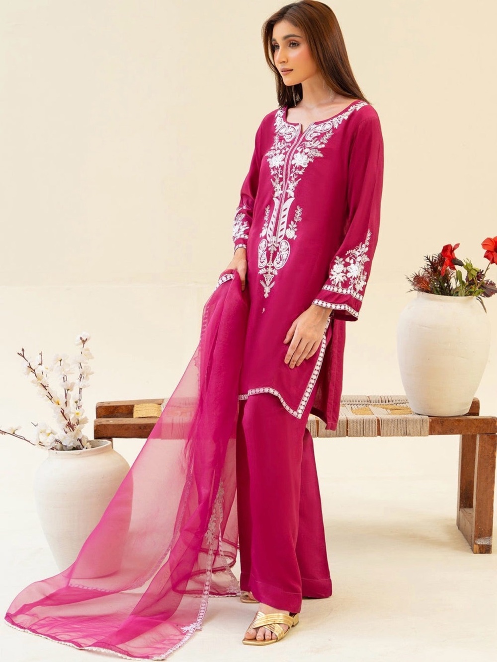 Embroidered Fuchsia Two-Piece Suit with Sheer Dupatta